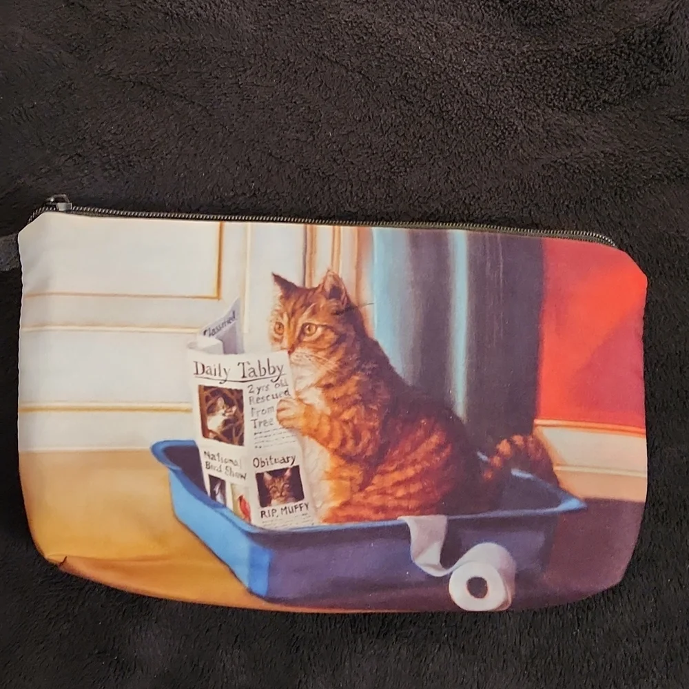 NEW- Cosmetic Bag, Storage Bag - Cat reading the newspaper
